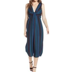 Leith Wide Leg Jumpsuit Women's Size S Striped Blue Plunge V-Neck Career